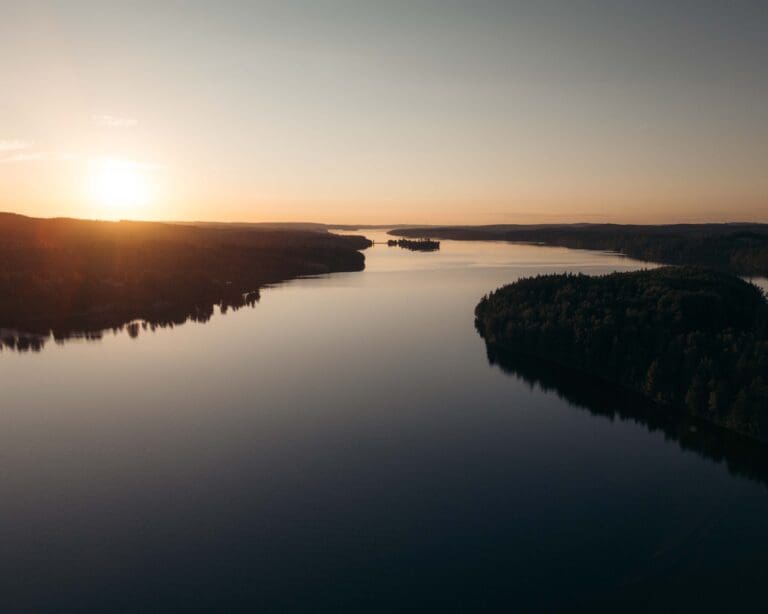 drone shot with sunrise canoe trip Sweden