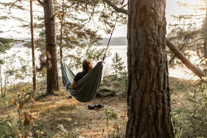 A traveler in a hammock between two trees.
